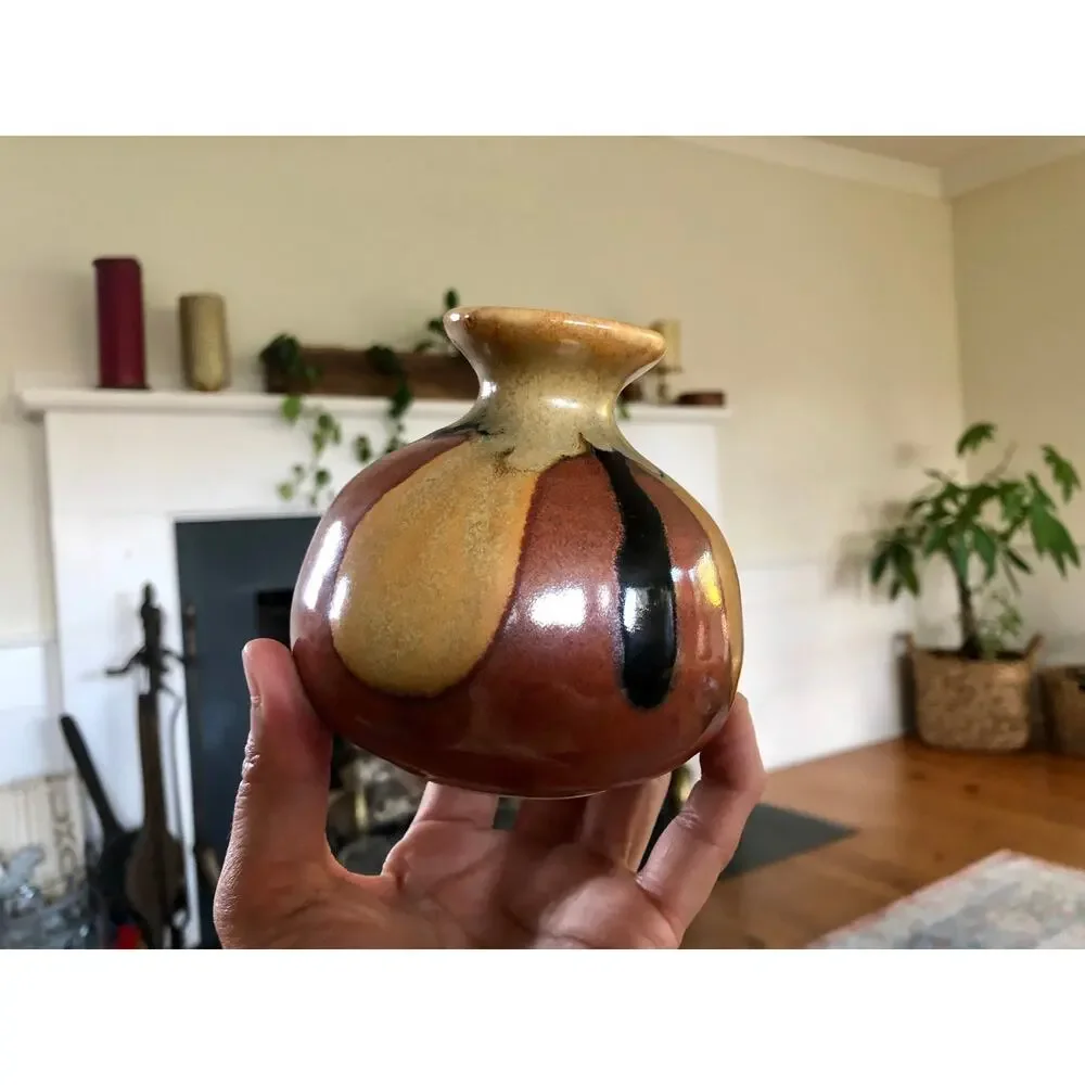 Vintage Handmade Ceramic Bud Vase Brown Beige Drip Glaze Studio Pottery